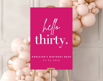 Hello Thirty Pink Welcome Sign Template, 30th Birthday (Digital Download)