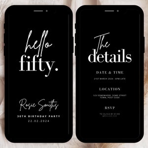 Hallo Fifty Party Einladungsvorlage, Hallo 50 Geburtstagseinladung, schwarze Einladung zum 50. Geburtstag, 50. Evite, digitale Einladung zum 50. Geburtstag