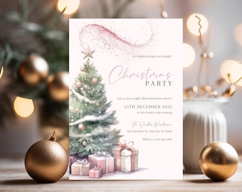 Printable Pink Christmas Party Invitation Template, Christmas Birthday Party Invite, Editable Christmas Invite,  Christmas Mobile Invite