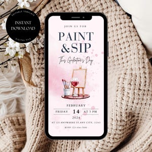 Galentine’s Day Party Invitation Template, Digital Paint and Sip Invitation, Editable Galentine’s Day Invite, Galentine’s Digital Invitation