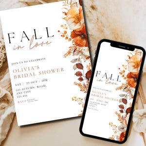 Fall in Love Bridal Shower Invitation Template, Boho Wedding Shower Evite, Autumn Bridal Shower Invite, Floral Fall Bridal Shower Invite