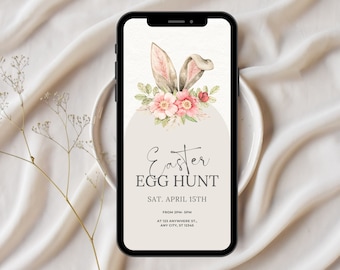 Easter Egg Hunt Invitation, Watercolor Bunny, Floral Invite (Digital Download)