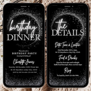 Birthday Dinner Party Invitation Template, Black Silver Diamond Evite, Luxury Black Tie Glam Invite, Elegant Birthday Dinner Invitation
