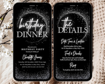 Birthday Dinner Party Invitation Template, Black Silver Diamond Evite, Luxury Black Tie Glam Invite, Elegant Birthday Dinner Invitation