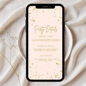 K&ouml;nnte beinhalten: Ein rosa und goldener Handybildschirm, der eine Party-Detailvorlage anzeigt. Die Vorlage enth&auml;lt Abschnitte f&uuml;r die Kleiderordnung, Essen und Getr&auml;nke sowie den Ort. Der Hintergrund ist mit goldenem Konfetti verziert.