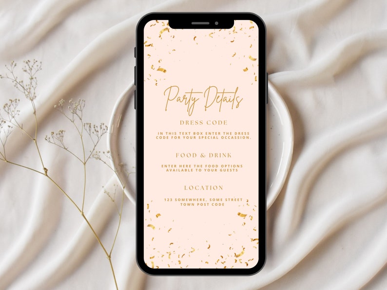 K&ouml;nnte beinhalten: Ein rosa und goldener Handybildschirm, der eine Party-Detailvorlage anzeigt. Die Vorlage enth&auml;lt Abschnitte f&uuml;r die Kleiderordnung, Essen und Getr&auml;nke sowie den Ort. Der Hintergrund ist mit goldenem Konfetti verziert.