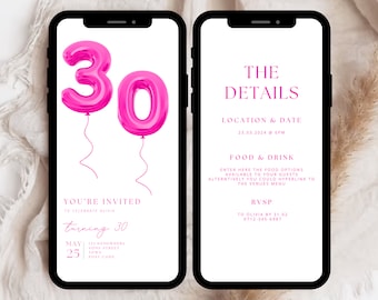 Digitale 30. Geburtstagsparty Einladungsvorlage, 30. Party einladen bearbeitbare Vorlage, Digitale 30.Einladung, Rosa 30. Geburtstag Evite
