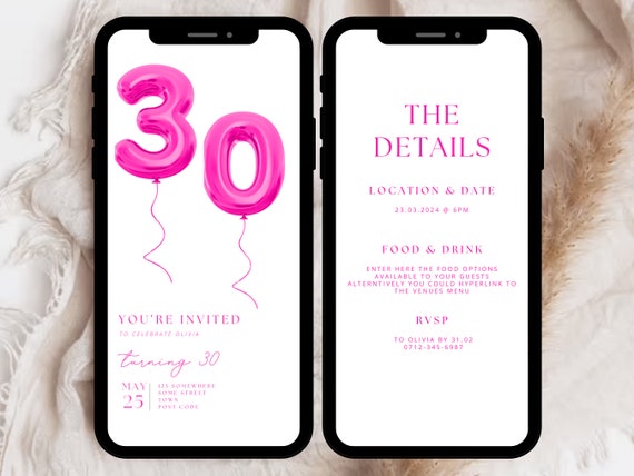 Digital 30th Birthday Party Invitation Template , 30th Party Invite Editable Template, Digital 30th Invitation, Pink 30th Birthday Evite