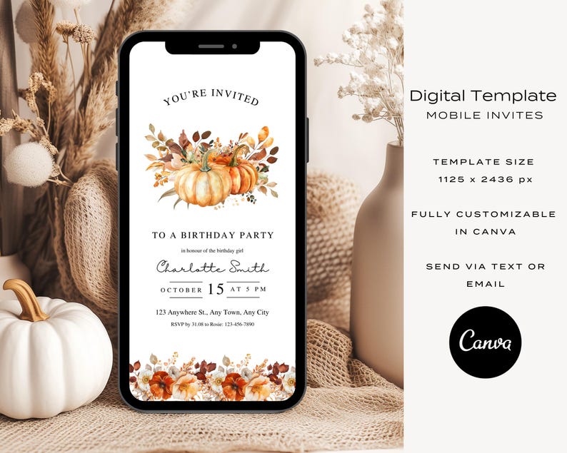Fall Birthday Party Invitation Template, Fall Pumpkin Birthday Party ...