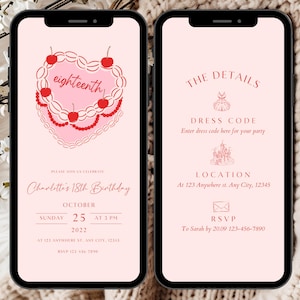 Editable 18th Birthday Party Invite Template, Retro Heart Birthday Cake Invitation, Eighteenth Party Invite, 18th Digital Invitation EM