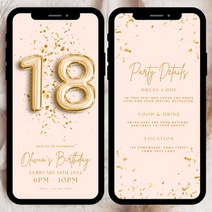 K&ouml;nnte beinhalten: Eine digitale Einladung in Rosa und Gold f&uuml;r eine 18. Geburtstagsfeier. Die Einladung zeigt eine goldene Ballonnummer 18 und goldene Konfetti. Der Text auf der Einladung lautet "Feiern Sie mit uns Olivias Geburtstag, 14. Februar 2024, 18:00 - 22:00 Uhr, RSVP: 123 479 2800". Die rechte Seite der Einladung enth&auml;lt einen Abschnitt f&uuml;r Partydetails, einschlie&szlig;lich Kleiderordnung, Essen und Trinken sowie Ort.