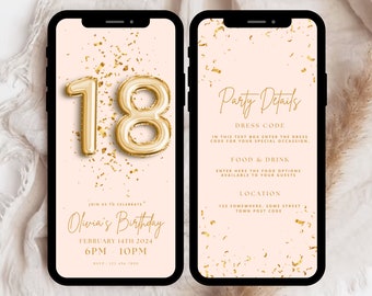 Digital 18th Birthday Invitation Template, Gold Balloons (PDF)