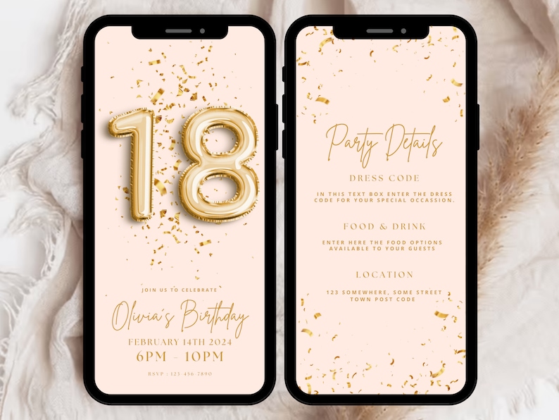 K&ouml;nnte beinhalten: Eine digitale Einladung in Rosa und Gold f&uuml;r eine 18. Geburtstagsfeier. Die Einladung zeigt eine goldene Ballonnummer 18 und goldene Konfetti. Der Text auf der Einladung lautet "Feiern Sie mit uns Olivias Geburtstag, 14. Februar 2024, 18:00 - 22:00 Uhr, RSVP: 123 479 2800". Die rechte Seite der Einladung enth&auml;lt einen Abschnitt f&uuml;r Partydetails, einschlie&szlig;lich Kleiderordnung, Essen und Trinken sowie Ort.