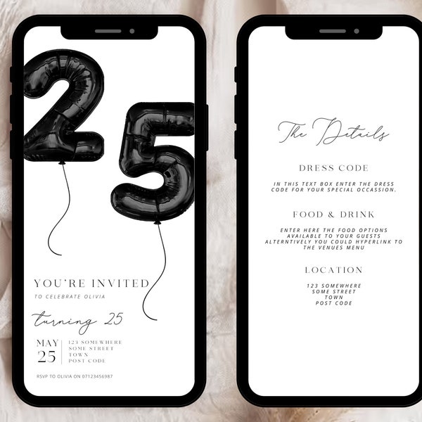 Digital 25th Birthday Invitation, 25th E-Invite, 25th Birthday E-Invite, 25th Party Invitation, Digital 25th Invitation, Digital Invitation