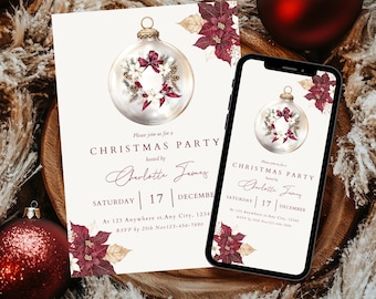 May include: A digital invitation for a Christmas party hosted by Charlotte James. The invitation features a white Christmas ornament with a red bow and poinsettia flowers. The text on the invitation reads "Please join us for a Christmas Party hosted by Charlotte James. Saturday 17 December. At 123 Anywhere st. Any City, 1234. RSVP by 20th Nov 123-456-7890."