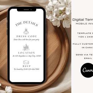 May include: A digital template for a mobile invitation. The template is white with black text and graphics. The text includes "The Details", "Dress Code", "Location", and "RSVP". The graphics include a dress, a castle, and an envelope. The template is designed to be customized in Canva and sent via text or email.