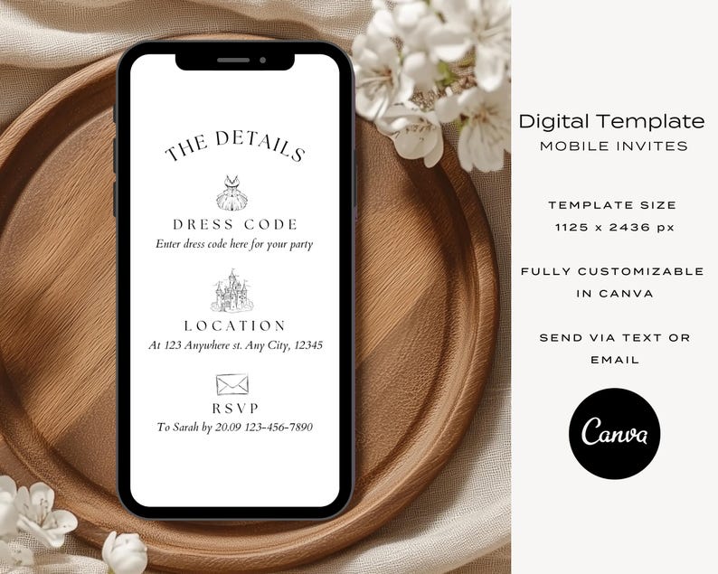 May include: A digital template for a mobile invitation. The template is white with black text and graphics. The text includes "The Details", "Dress Code", "Location", and "RSVP". The graphics include a dress, a castle, and an envelope. The template is designed to be customized in Canva and sent via text or email.