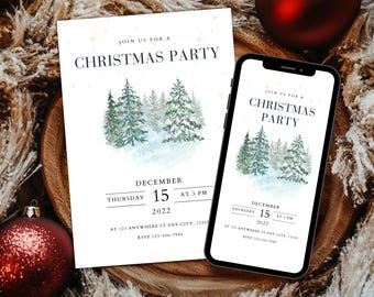 May include: A white invitation card with a watercolor illustration of a snowy forest scene. The text on the card reads "Join us for a Christmas Party" and includes the date and time of the party. The card is on a wooden surface with a red ornament and a fluffy white decorative piece.
