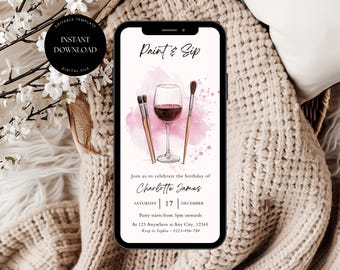 Malen und malen Sie digitale Einladung, bearbeitbare Sip & Paint Party einladen, Wein und Farbe Geburtstag lädt ein, digitale Sip und malen Sie Partyeinladung
