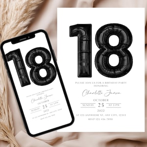 18th Birthday Party Invitation Template, Digital 18th Birthday Invitation, 18th Birthday Digital Invitation, Editable 18th Party Evite EM