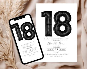 18. Geburtstagsparty Einladung Vorlage, Digitale Einladung zum 18. Geburtstag, Digitale Einladung zum 18. Geburtstag, Bearbeitbar 18. Party Evite EM