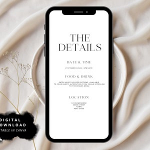 May include: A digital download template for a wedding invitation or save the date card. The template is designed in a minimalist style with black text on a white background. The text includes "The Details", "Date & Time", "Food & Drink", and "Location".