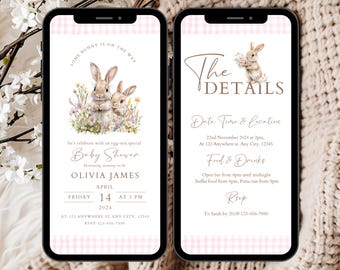 Easter Bunny Baby Shower Invite Template, Rabbit Baby Shower Invitation, Spring Baby Shower Evite, Pink Baby Shower Digital Invite