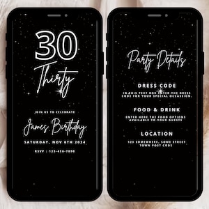 Animated 30th Birthday Invitation Template, Black and White 30th Invitation, 30th Mens Party Invite, 30th Digital Invitation Mens 30th Evite