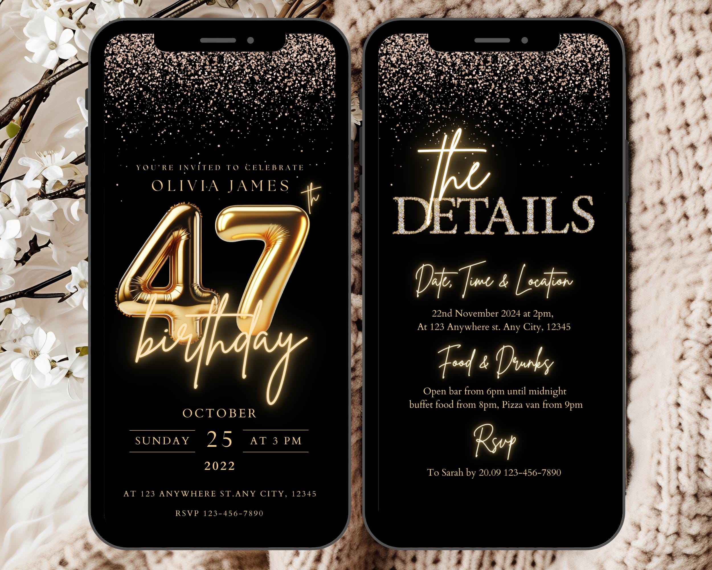 47th Birthday Party Invitation Template, Editable 47th Digital