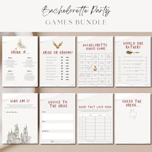 May include: A set of printable bachelorette party games with a Harry Potter theme. The games include "Drink If...", "Bride or Groom?", "Bachelorette Bingo Game", "Would She Rather?", "Who Am I?", "Advice to the Bride", "Name That Love Song", and "Guess the Dress..."