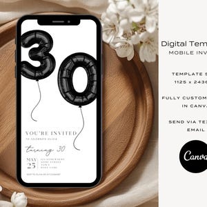 K&ouml;nnte beinhalten: Eine digitale mobile Einladungsvorlage f&uuml;r eine 30. Geburtstagsfeier. Die Vorlage zeigt schwarze Ballonzahlen 30 auf wei&szlig;em Hintergrund. Der Text "Sie sind eingeladen, Olivia zu feiern, die 30 Jahre alt wird" ist enthalten. Die Vorlage ist vollst&auml;ndig anpassbar in Canva und kann per SMS oder E-Mail versendet werden.