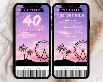 40Fest Birthday Invitation, Festival Theme, Pink Neon VIP Ticket (Digital)