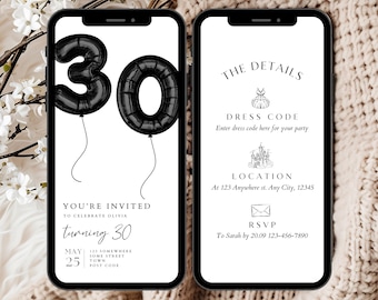 30th Birthday Invitation Template, Black Balloons, Editable Digital Evite (Instant Download)