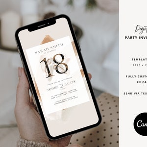 Peut inclure: Un smartphone affiche une invitation num&eacute;rique pour une f&ecirc;te d'anniversaire des 18 ans. L'invitation comprend le nom "Sarah Smith" et le chiffre "18". La date, l'heure et le lieu de la f&ecirc;te sont &eacute;galement affich&eacute;s. L'invitation est enti&egrave;rement personnalisable dans Canva.