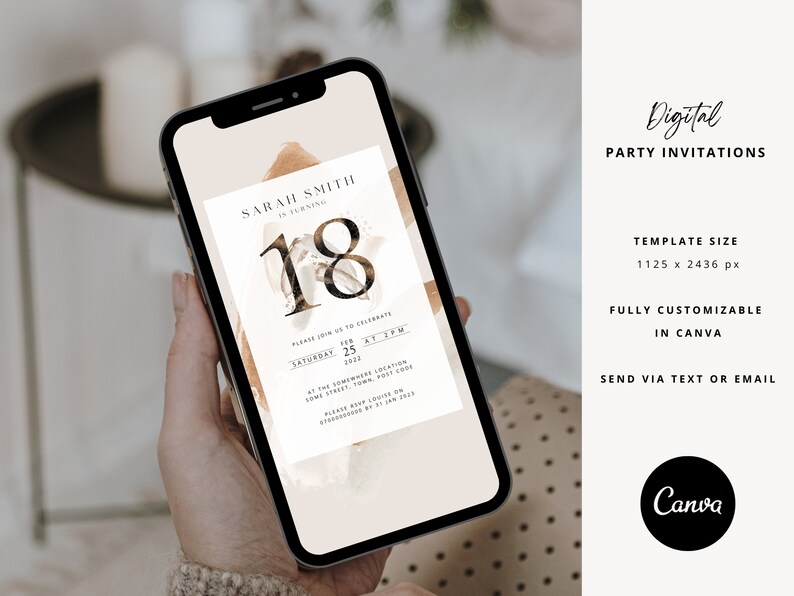 Peut inclure: Un smartphone affiche une invitation num&eacute;rique pour une f&ecirc;te d'anniversaire des 18 ans. L'invitation comprend le nom "Sarah Smith" et le chiffre "18". La date, l'heure et le lieu de la f&ecirc;te sont &eacute;galement affich&eacute;s. L'invitation est enti&egrave;rement personnalisable dans Canva.