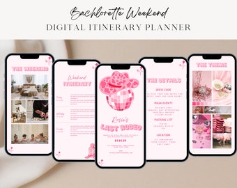 May include: A digital itinerary planner for a bachelorette weekend with a pink and white color scheme. The theme is "Rosie's Last Rodeo" with a pink cowboy hat and disco ball graphic. The itinerary includes a weekend itinerary, details about the dress code, main events, packing list, and location.