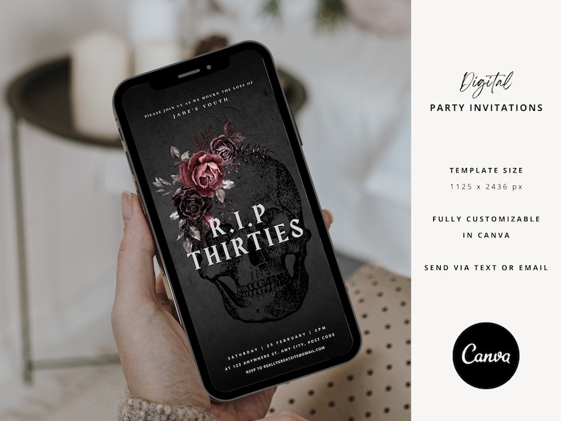 May include: A digital party invitation with a black background and a skull graphic. The skull is adorned with red and black flowers. The text "R.I.P. THIRTIES" is written in white on the skull. The invitation is for a party celebrating a 30th birthday.