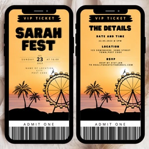 May include: A mobile phone screen displaying a VIP ticket for the Sarah Fest. The ticket includes the date, time, location, and RSVP information. The background image features a sunset with a Ferris wheel and palm trees.