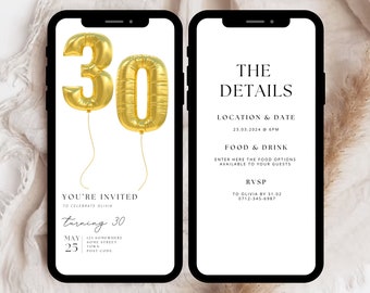 Digital 30th Birthday Invitation Template, Gold 30th Birthday Invite, 30th Birthday Evite, Digital 30th Invitation, 30th Evite Template