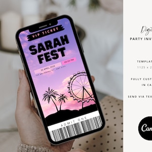 May include: A digital party invitation template for a Sarah Fest event. The template features a pink and purple sunset background with palm trees and a Ferris wheel. The text "VIP Ticket" is at the top of the template, and the text "Sarah Fest" is in large, bold letters. The date, time, and location of the event are listed below the text. The template also includes a barcode and the text "Admit One".