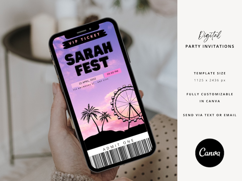 May include: A digital party invitation template for a Sarah Fest event. The template features a pink and purple sunset background with palm trees and a Ferris wheel. The text "VIP Ticket" is at the top of the template, and the text "Sarah Fest" is in large, bold letters. The date, time, and location of the event are listed below the text. The template also includes a barcode and the text "Admit One".