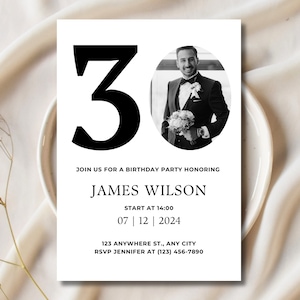 Men’s 30th Birthday Party Invite Template, Editable 30th Birthday Invitation, Photo 30th Birthday Invite for Him, Printable 30th Invitation