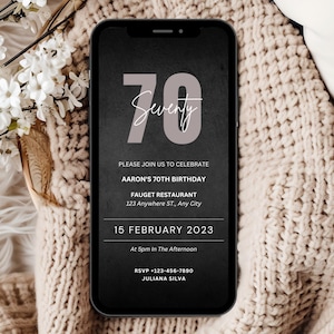 Plantilla de invitación digital para el 70.° cumpleaños de un hombre, invitación de cumpleaños para él digital, invitación para fiesta del 70.° cumpleaños, invitación para fiesta del 70.° cumpleaños de un hombre