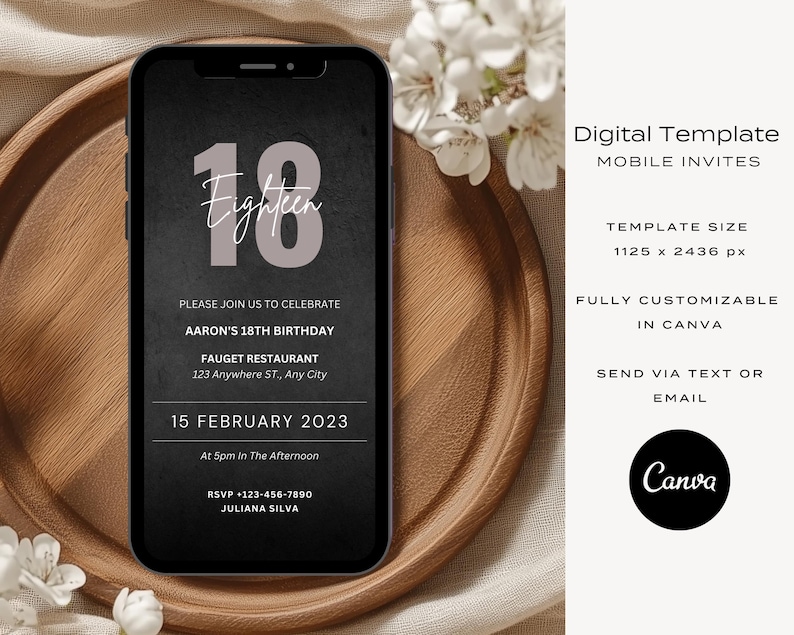 May include: A digital mobile invitation template for an 18th birthday party. The template features a black background with a large white number 18 and the text "Eighteen" in a white cursive font. The text "Please join us to celebrate Aaron's 18th Birthday" is in white text. The invitation includes the date, time, location, and RSVP information. The template is fully customizable in Canva and can be sent via text or email.