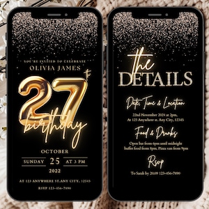 Digital 27th Birthday Invitation Template, 27th Party Invitation, Digital 27th Invitation, 27th Digital Invitation for Her, Glam Invite