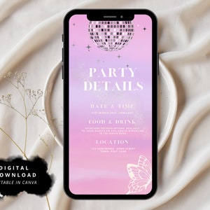 Puede incluir: Una plantilla de invitaci&oacute;n digital para una fiesta con un fondo degradado rosa y morado. La plantilla presenta una bola de discoteca, estrellas y una mariposa. El texto "PARTY DETAILS" se muestra en negrita, en blanco. La plantilla es editable en Canva.