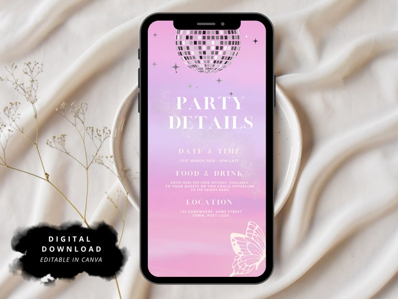 Puede incluir: Una plantilla de invitaci&oacute;n digital para una fiesta con un fondo degradado rosa y morado. La plantilla presenta una bola de discoteca, estrellas y una mariposa. El texto "PARTY DETAILS" se muestra en negrita, en blanco. La plantilla es editable en Canva.