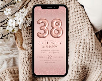 Mall för roséguldfärgad 38-årsdagsinbjudan, redigerbar digital inbjudan