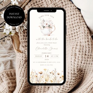 May include: A digital invitation for a bridal shower featuring a watercolour illustration of a teapot with flowers. The text reads "Time for Tea with the bride-to-be" and includes the bride's name, date, time, and location.
