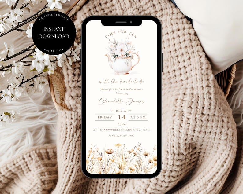 May include: A digital invitation for a bridal shower featuring a watercolour illustration of a teapot with flowers. The text reads "Time for Tea with the bride-to-be" and includes the bride's name, date, time, and location.